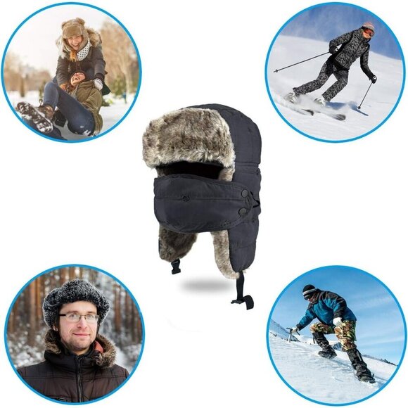 Men\'s Dark Black Trapper Hat, Winter Warm Trooper Hats with Ear Flaps and Mask main image 5